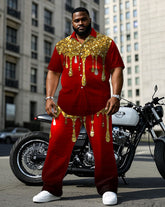 Big Men's Gold & Red Cotton-Blend Sequin Halloween Short Sleeve Shirt Trouser Set